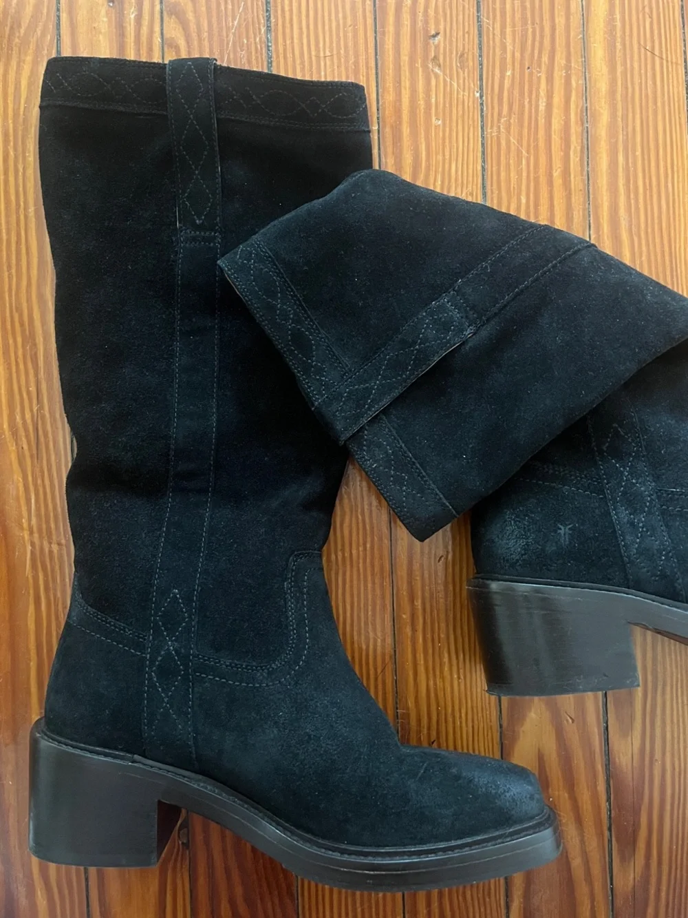 Frye Black Leather & Suede Over-the-Knee Block Heel Boots